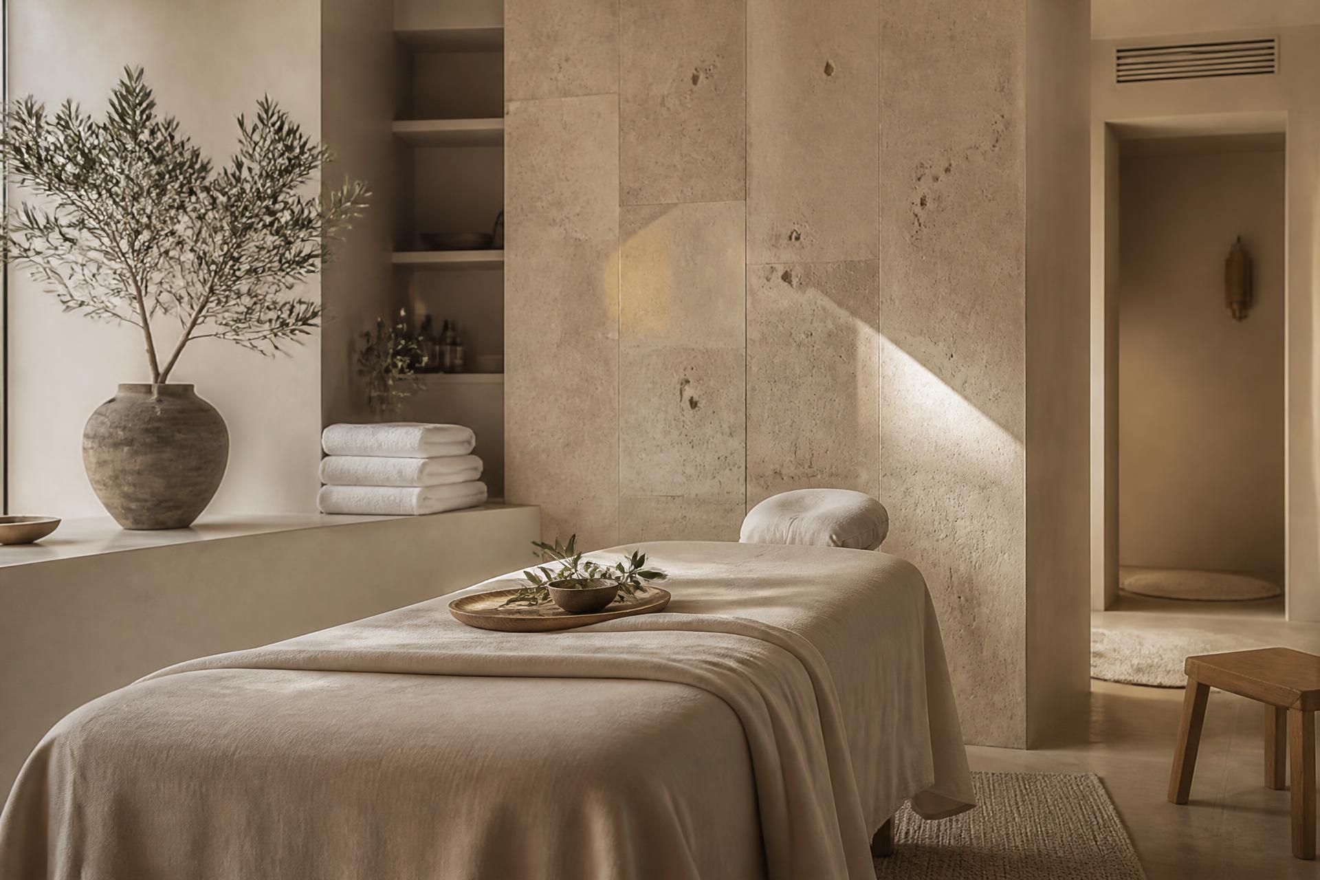 A calm day-spa treatment room with natural linens, travertine stone walls, folded towels, and soft daylight