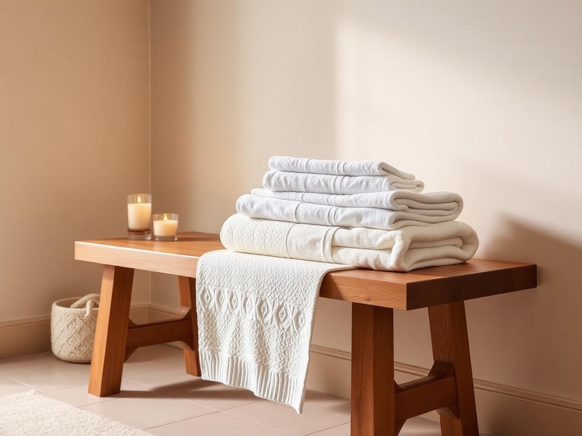 Freshly folded spa towels stacked on a warm oak bench beside a lit candle